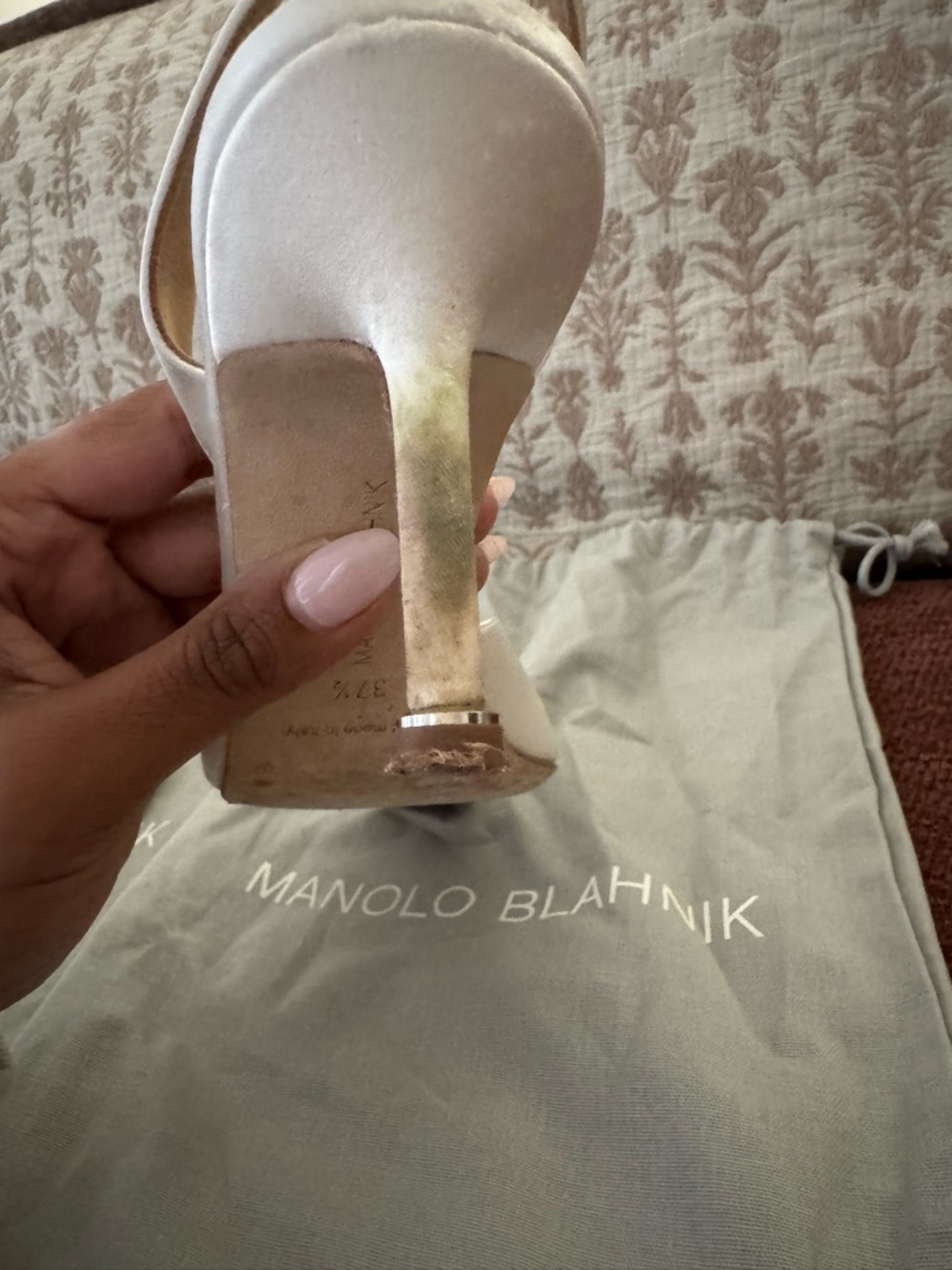 Manolo Blahnik White Satin Crystal-Embellished Slingback Pumps - Picture 11 of 13